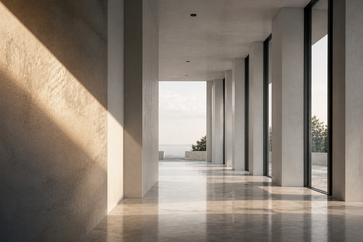 Warm pearl colonnade opening toward the sea
